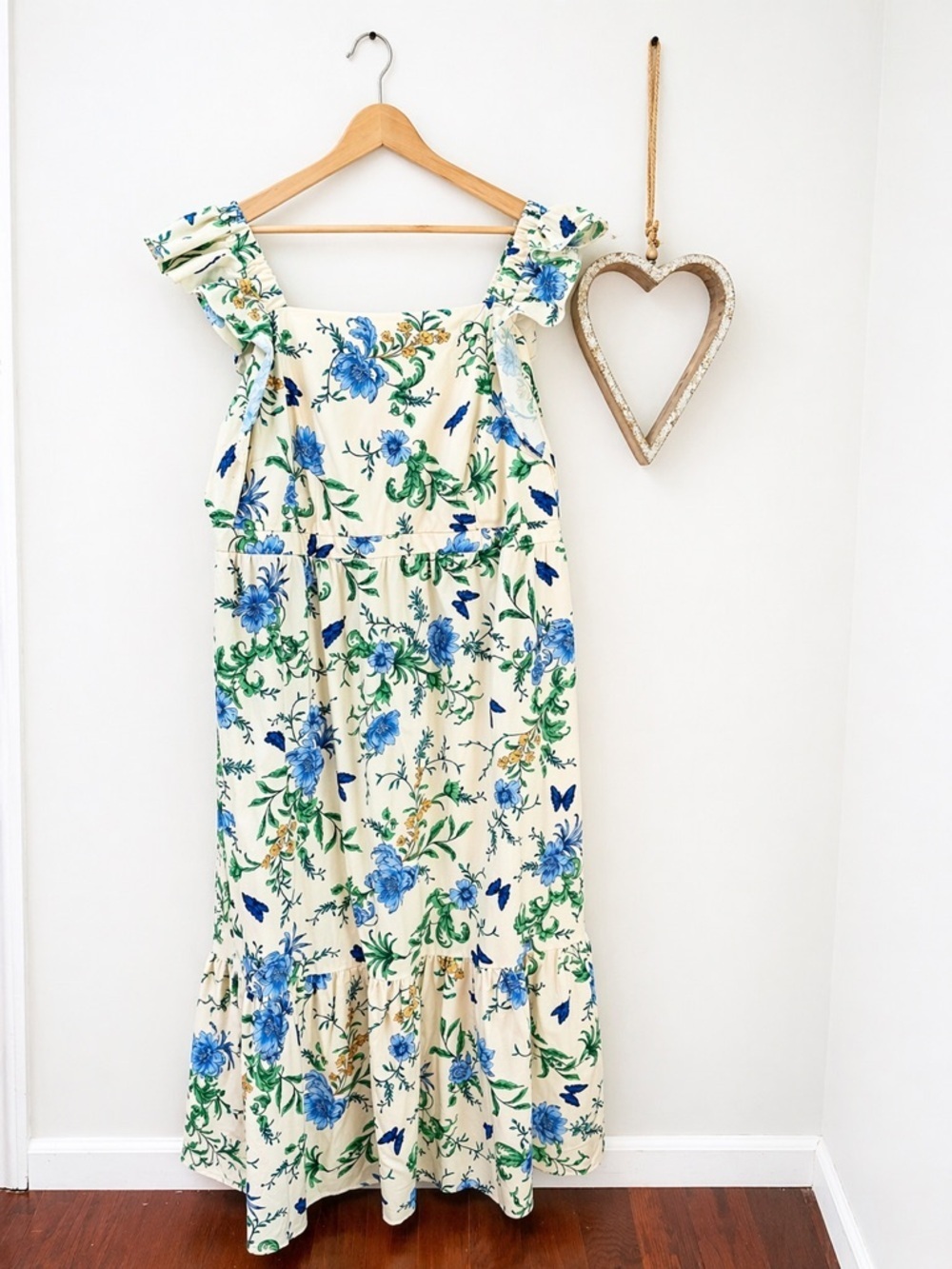 London Times Floral Ruffle Maxi Dress Cream Blue Green Cottagecore Sundress 20W